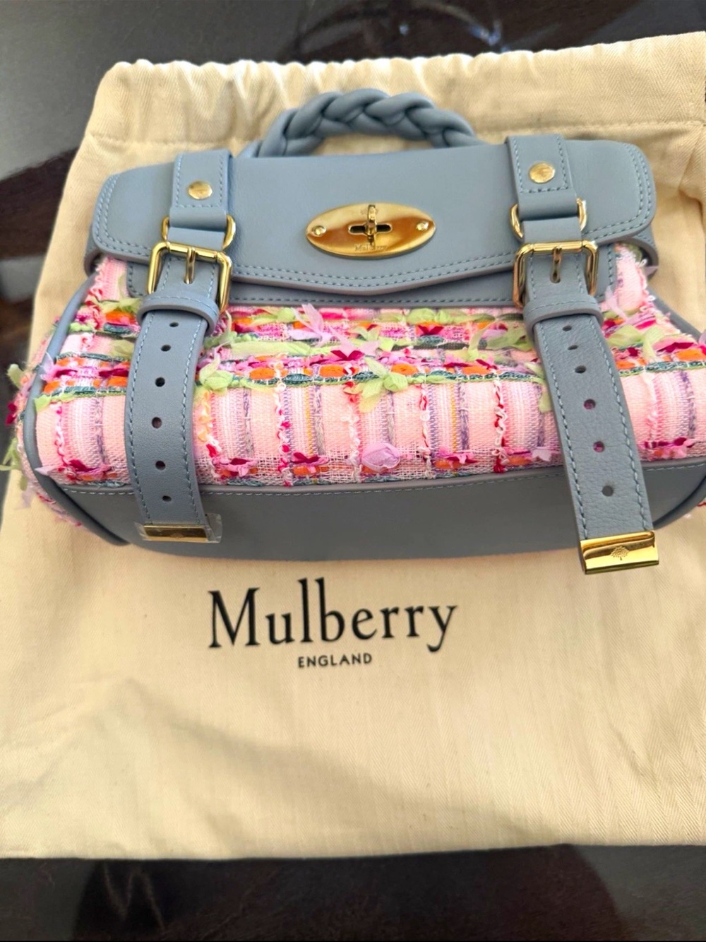 Mulberry Light Blue Leather Satchel with Pink Tweed Panel